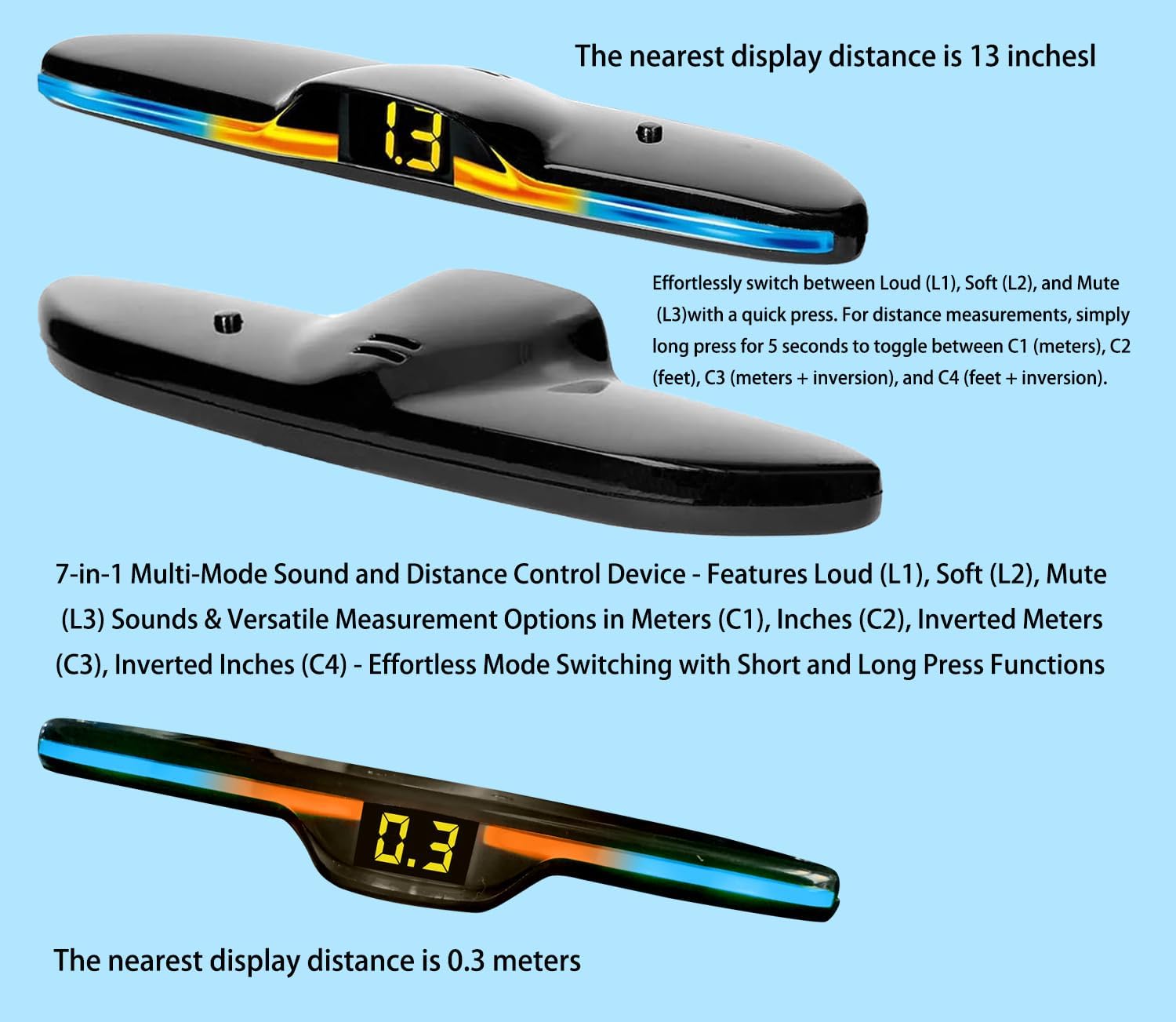 New Features Forward and Reverse Parking sensors, Option to Measure Distance in inches, bidirectional Display Option, and Customizable Digital Direction 18 Color Probes to Choose from(Dark Grey)