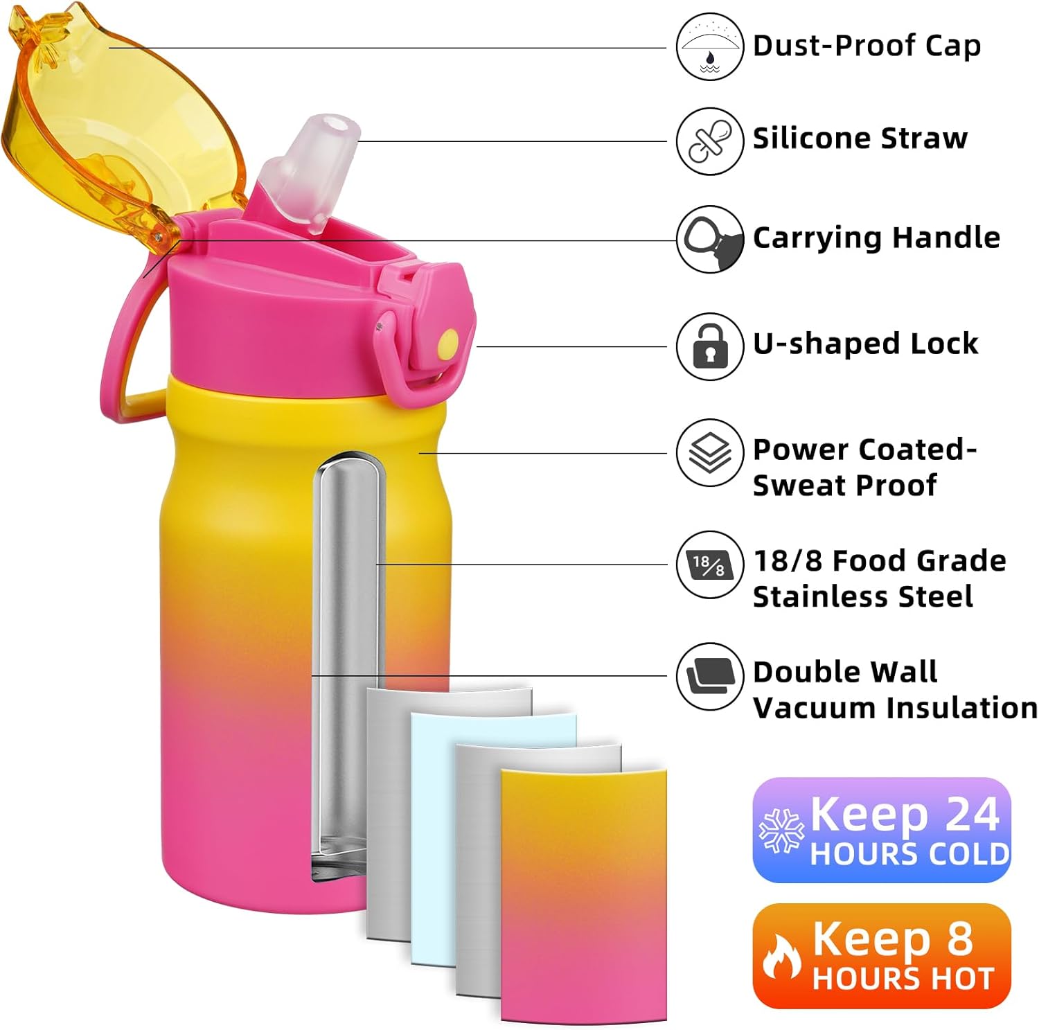 BJPKPK Water Bottle with Straw 14oz Insulated Water Bottles Reusable Stainless Steel Metal Thermal Flask with Leak Proof Lockable Lid and Carry Handle,Rainbow