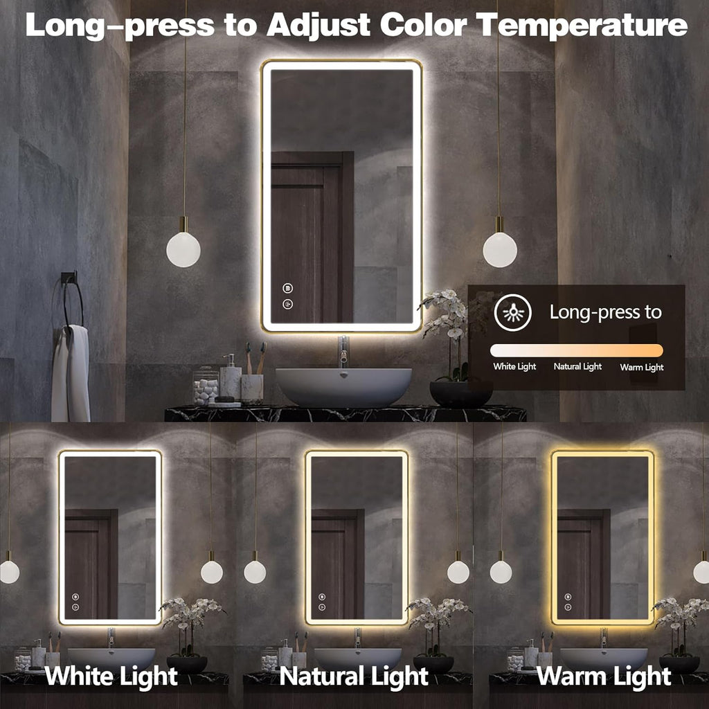 Niccy LED Bathroom Mirror, 40"x24" Rectangle Wall Mounted Vanity Mirrors with Metal Frame, Anti Fog Dimmable Smart Mirror for Bathroom/Bedroom/Livingroom/Entryway, (Horizontal or Vertical),Gold