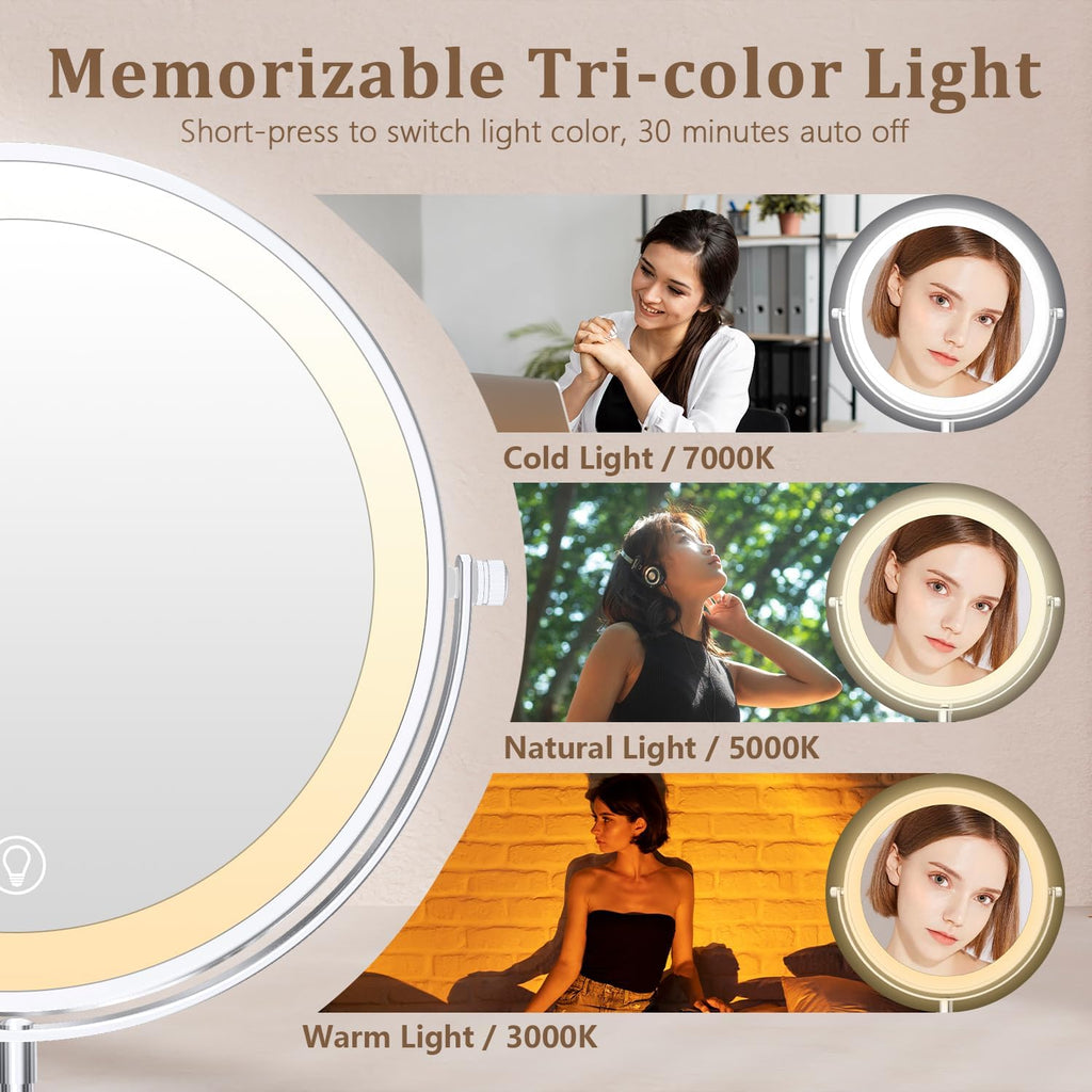 Unimiro 9inch Makeup Mirror with Lights, 1x/20x 5000mAh Makeup Mirrors with Light and Magnification, 360° Rotate Makeup Mirror with Lights and Magnification, 3 Color, 80 LEDs, Stepless Dimmable