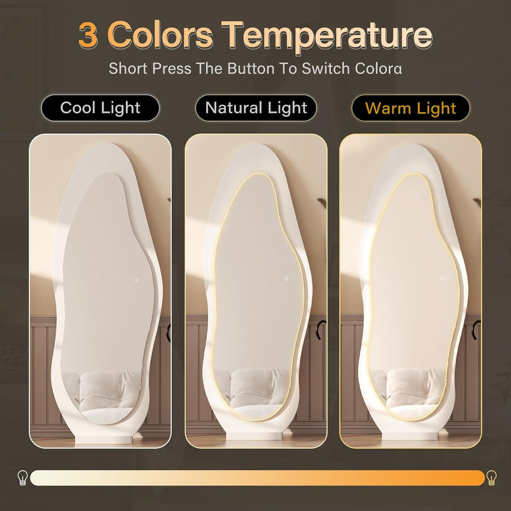 WoodsWhisper 69"X 24" Soild Wood Mirror Full Length,Wavy Wall Mirror,Lights Irregular Led Full Length MirrorShatter-Proof Hanging or Leaning Against Wall for Cloakroom/Bedroom/Living Room(White)