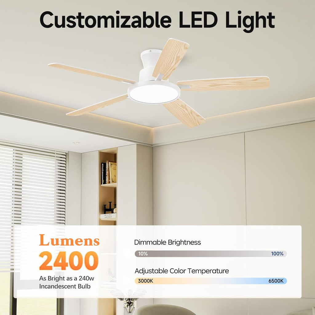 Ceiling Fans with Lights,52 inch,Nightlight,Quiet,Reversible Motor,6 Speeds,Timer, Low Profile Ceiling Fan for Bedroom,Living Room,Indoor/Outdoor Use(White)