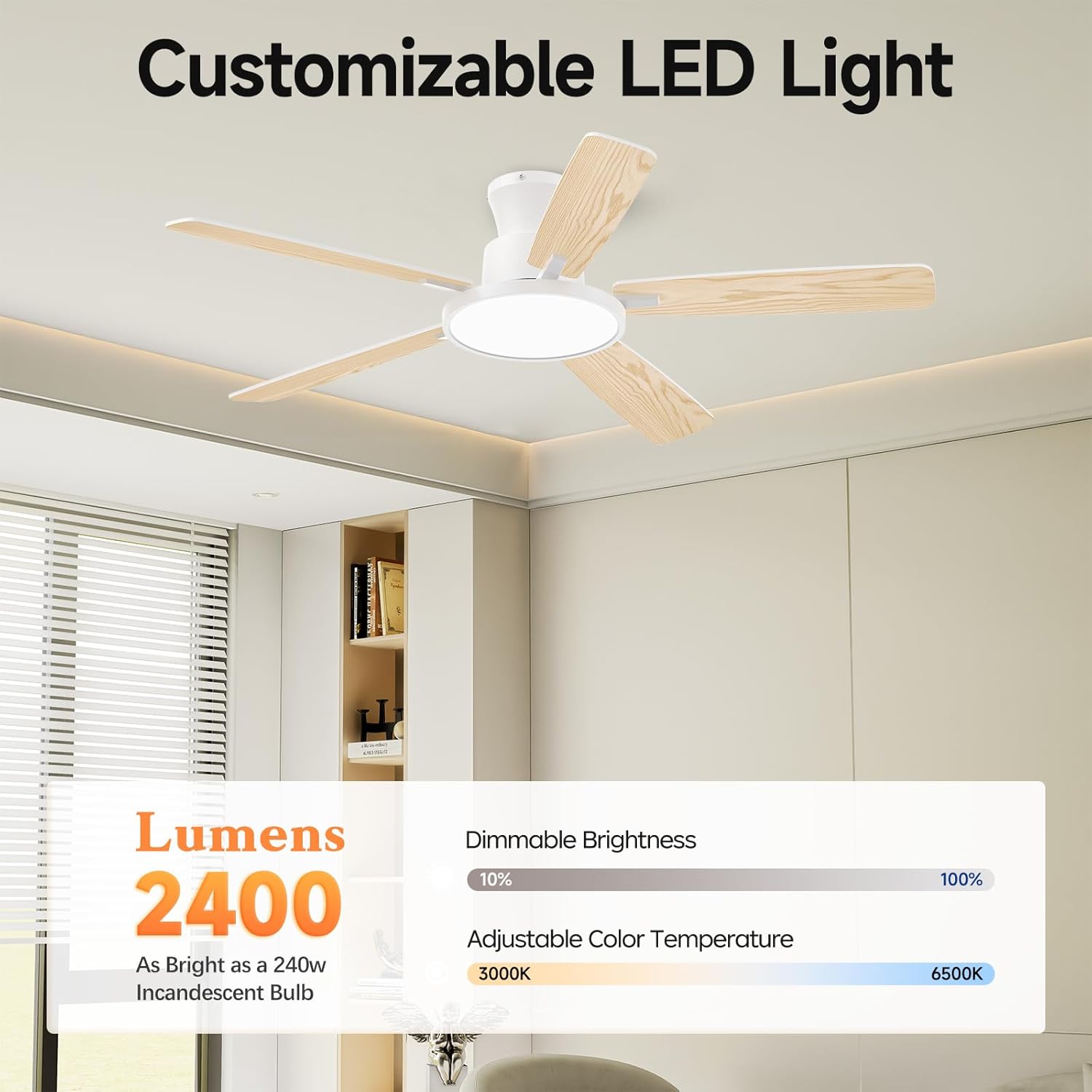 Ceiling Fans with Lights,52 inch,Nightlight,Quiet,Reversible Motor,6 Speeds,Timer, Low Profile Ceiling Fan for Bedroom,Living Room,Indoor/Outdoor Use(White)