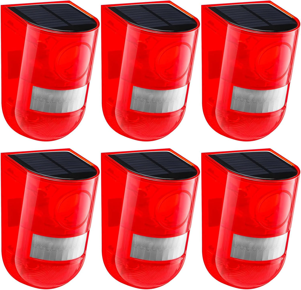 Qualirey 6 Pack Solar Sound and Light Alarm Motion Sensor 129db Outdoor Security Siren Waterproof Motion Activated Detector Alarm 6 LEDs Flash Warning Strobe System for Home, Farm (Red)