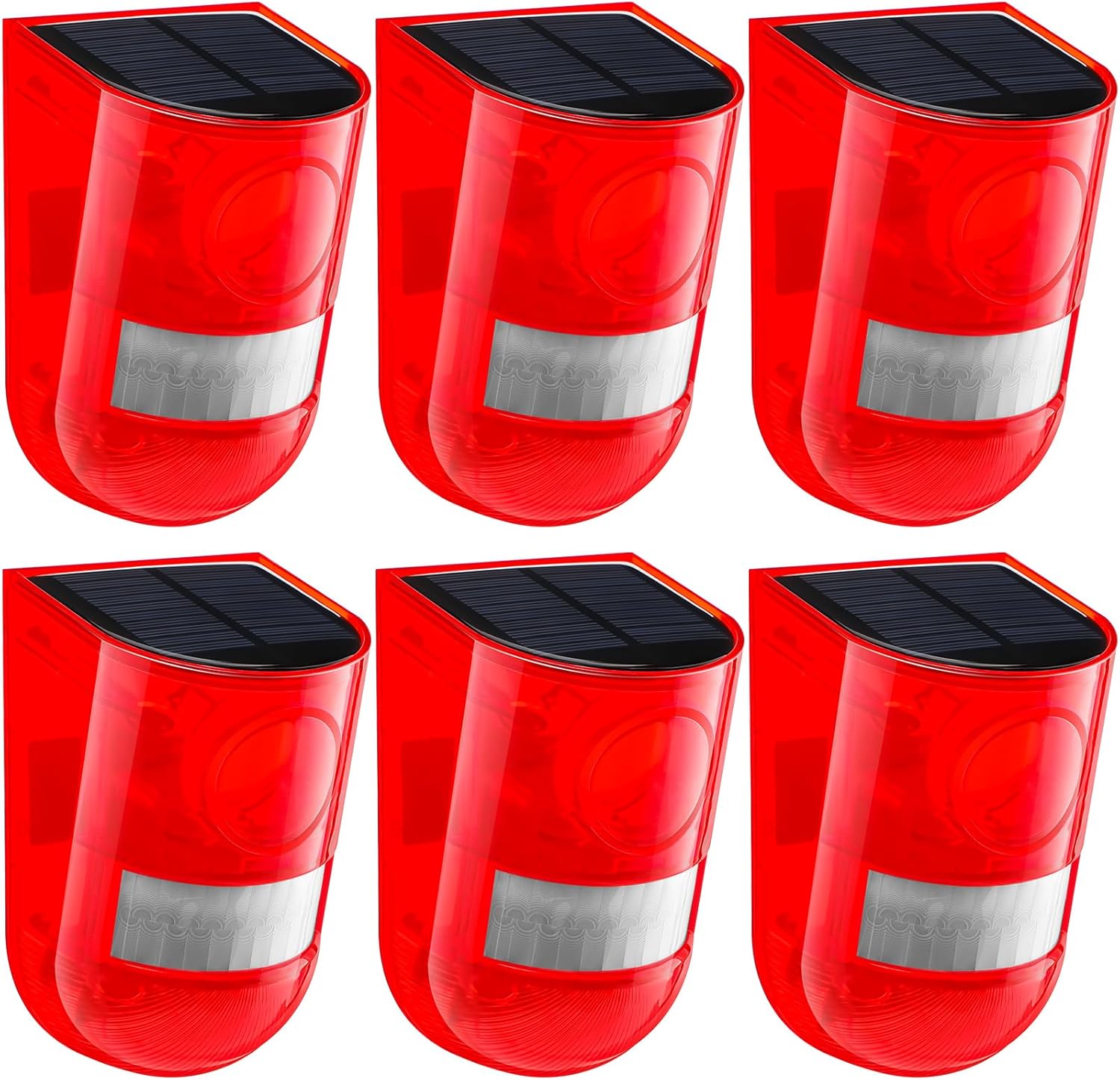 Qualirey 6 Pack Solar Sound and Light Alarm Motion Sensor 129db Outdoor Security Siren Waterproof Motion Activated Detector Alarm 6 LEDs Flash Warning Strobe System for Home, Farm (Red)