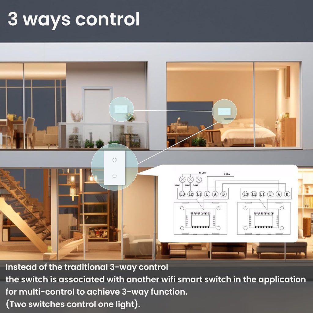 WiFi Smart Light Switch 118X72X34MM Need Neutral Wire,2.4GHz Wi-Fi Touch Switch,Work with Smart Life/Tuya App, Compatible with Alexa and Google Home, White 2 Gang