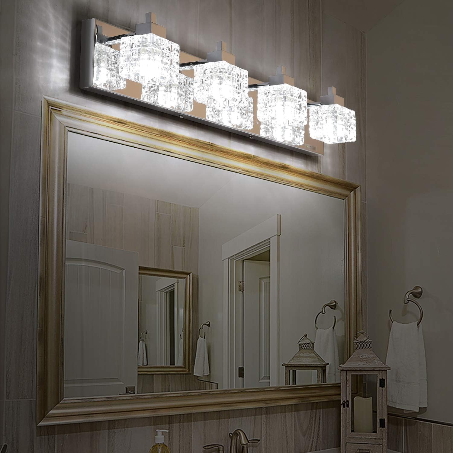 TRLIFE Bathroom Vanity Light Fixtures, 26inches Crystal Vanity Light Fixture Modern Bathroom Lights Over Mirror 4 Lights Vanity Light for Bath Room