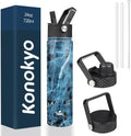 Insulated Water Bottle 24oz Stainless Steel Sport Bottles with 3 Lids,Marble Ocean