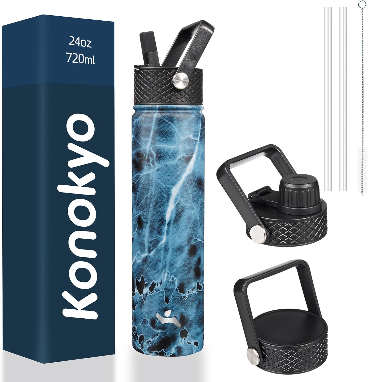 Insulated Water Bottle 24oz Stainless Steel Sport Bottles with 3 Lids,Marble Ocean