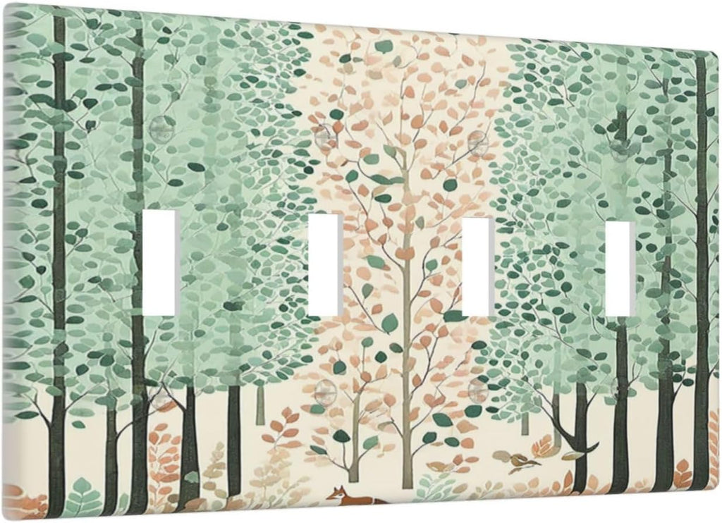 Boho Wildflower Forest Woodland Animals Light Switch Covers Quad Toggle 4 Gang Wall Plate Decorative Switch Plates Electrical Faceplate for Bedroom Bathroom Decor
