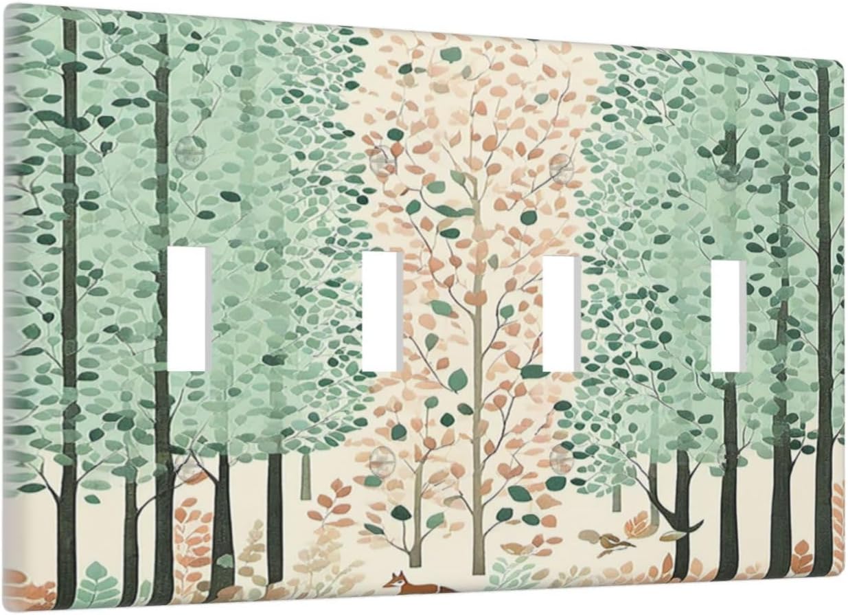 Boho Wildflower Forest Woodland Animals Light Switch Covers Quad Toggle 4 Gang Wall Plate Decorative Switch Plates Electrical Faceplate for Bedroom Bathroom Decor