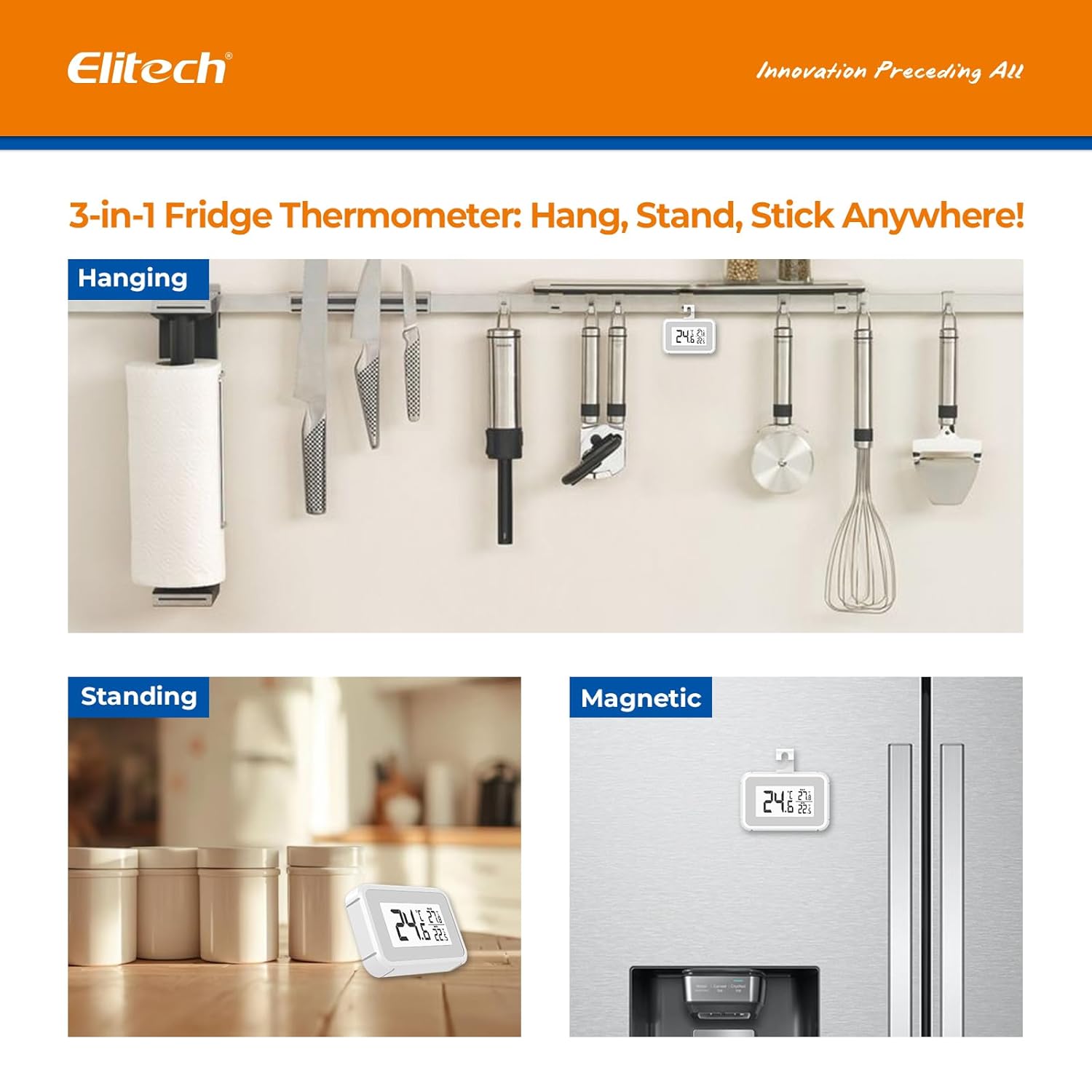 Elitech 4Pack Fridge Thermometer Digital Freeze Refrigerator Thermometer Waterproof Large LCD Display Max/Min Record Function TM-2T