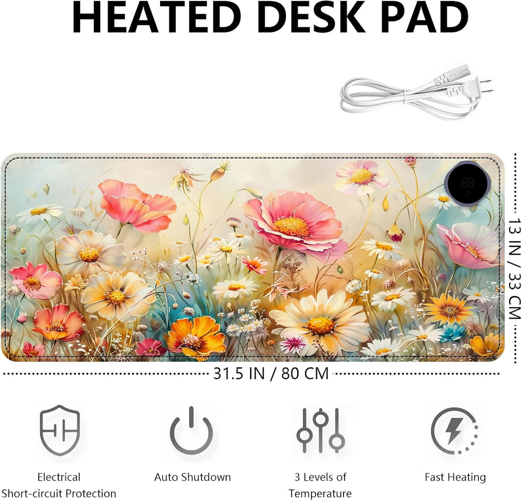 Heated Mouse Pad with 3 Levels Heated & 3 Hours Auto Shut-Off Mouse Pad for Warming Hands in Office Home, 31.5" x 13"Large Safe Desk Mat Hand Warmer，Colorful Flowers