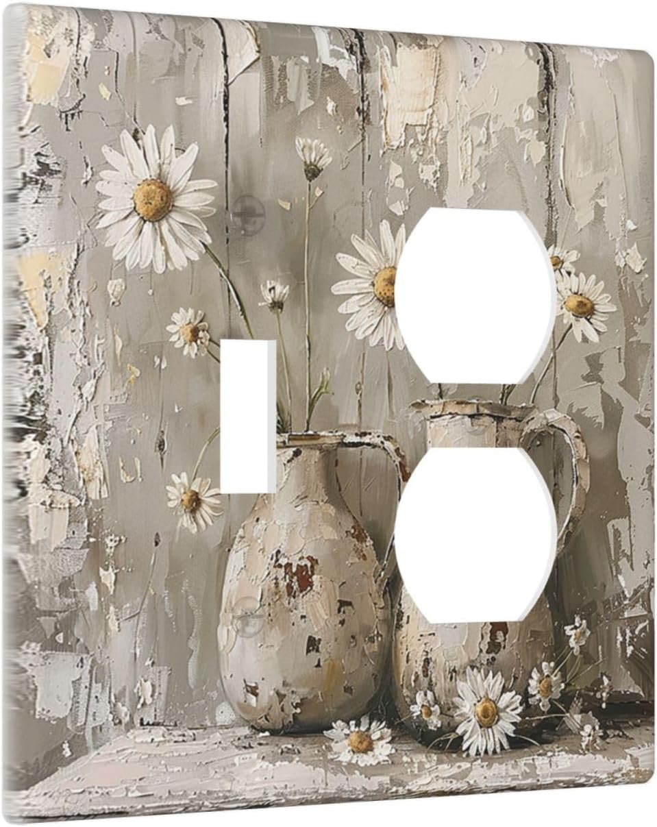 Wallplates Vintage Rustic Floral White Daisy Flower Oil Painting Style 1 Toggle 1 Duplex Switch Plate Electrical GFCI Faceplate Decorative Light Switch Covers for Home Farmhouse Decor