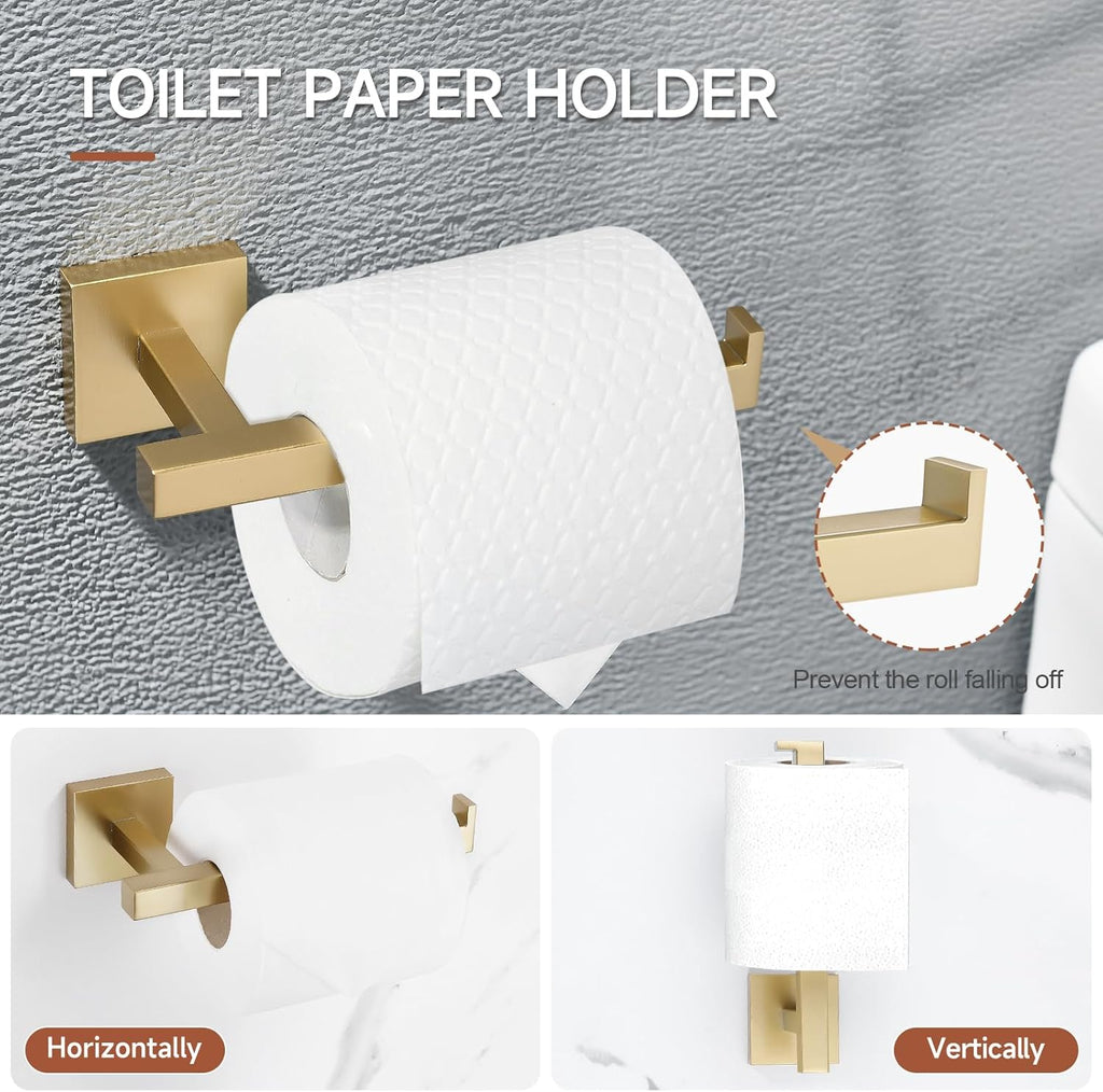 TQKAG Brushed Gold Bathroom Hardware Accessories Set 10 Pieces, 23.6" SUS304 Stainless Steel Towel Bar Set Wall Mounted Includes Single Towel Bar, Towel Ring, Toilet Paper Holder, Double Towel Hooks