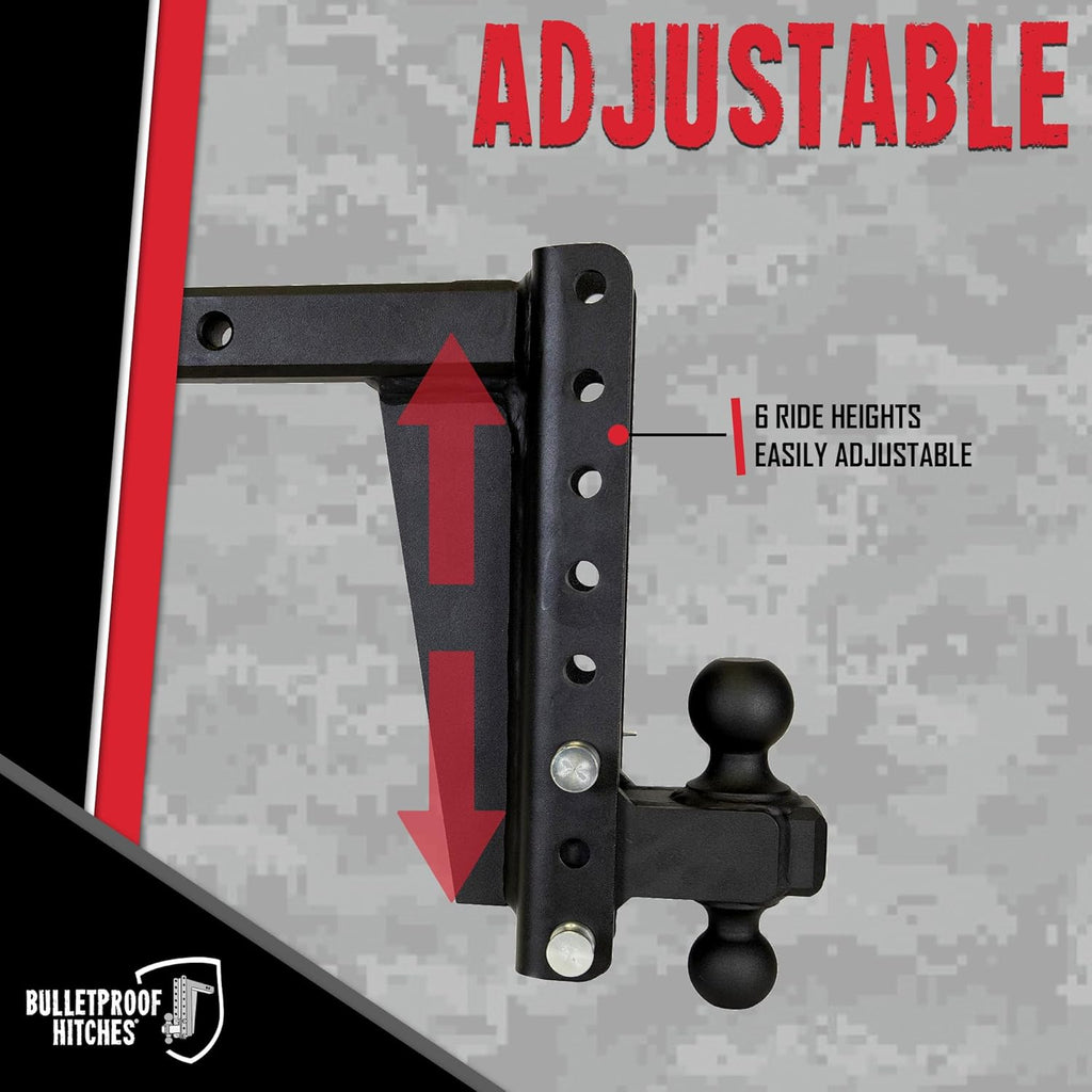 BulletProof Hitches - 2.0" Adjustable Heavy Duty Trailer Hitch (22,000 lb. Rating) - 10" Drop/Rise Trailer Hitch with 2" & 2-5/16" Dual Ball - Powder Coat, Solid Steel, Corrosion-Resistant
