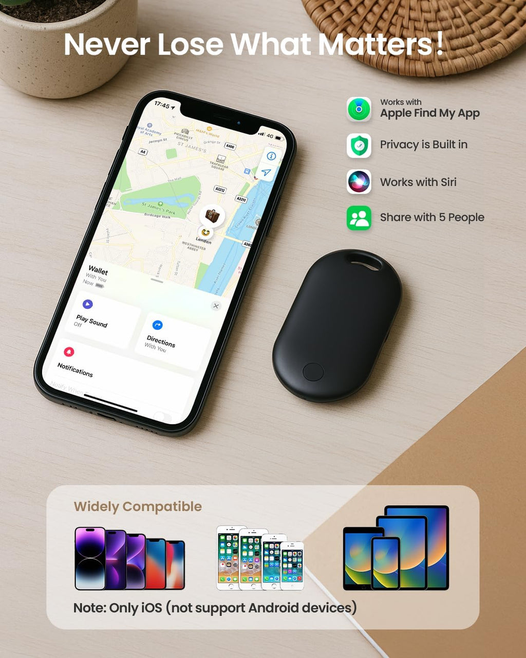 Slim Air Tracker Tags Compatible with Apple Find My (iOS Only) [Apple MFi Certified] Smart Tag with Replaceable Battery Bluetooth Tag Item Finder for Keys, Wallet, Luggage, Bags (Rich Black)