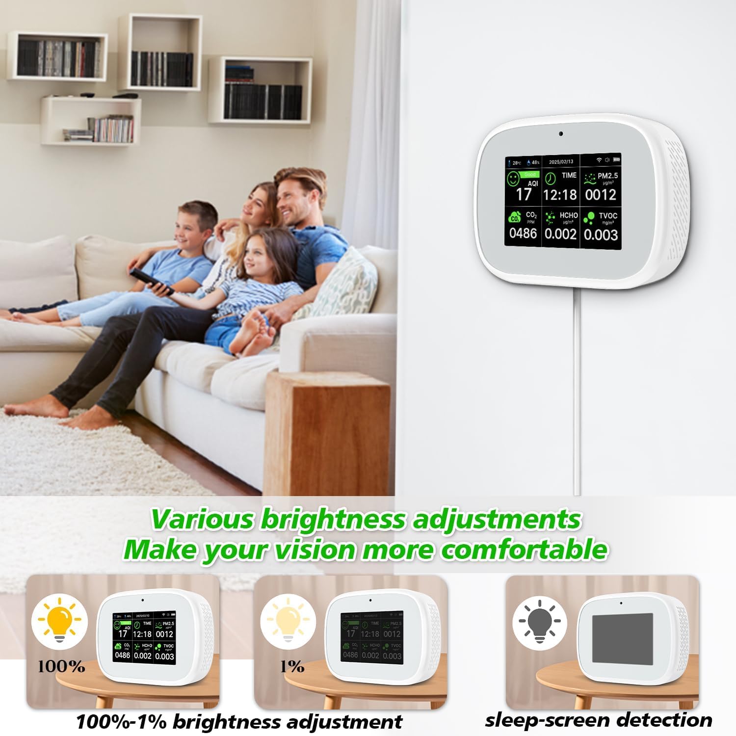 18-in-1 Smart Air Quality Monitor - Indoor WiFi Air Quality Detector with Dual Chip, Real-Time for AQI, CO2, PM2.5, PM1.0, PM10, TVOC, HCHO, Time Display, Temperature & Humidity (White-Black)