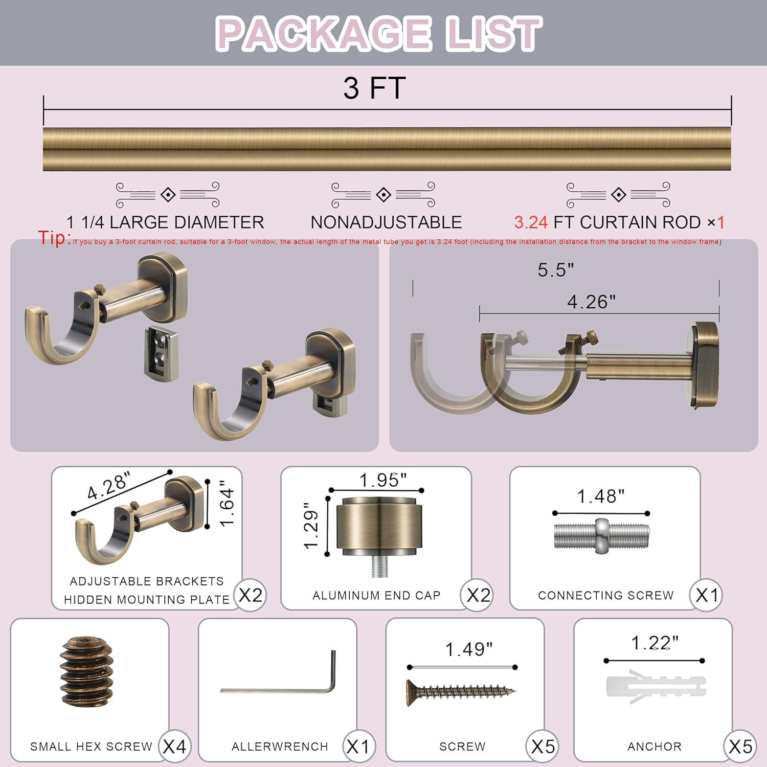 Heavy Duty Curtain Rods - 1 1/4" Large Diameter Premium Nonadjustable Curtain Rod - 36in/3ft Custom Window Treatment Rods with Durable Aluminum Brackets and End Caps,Antique Bronze Finish