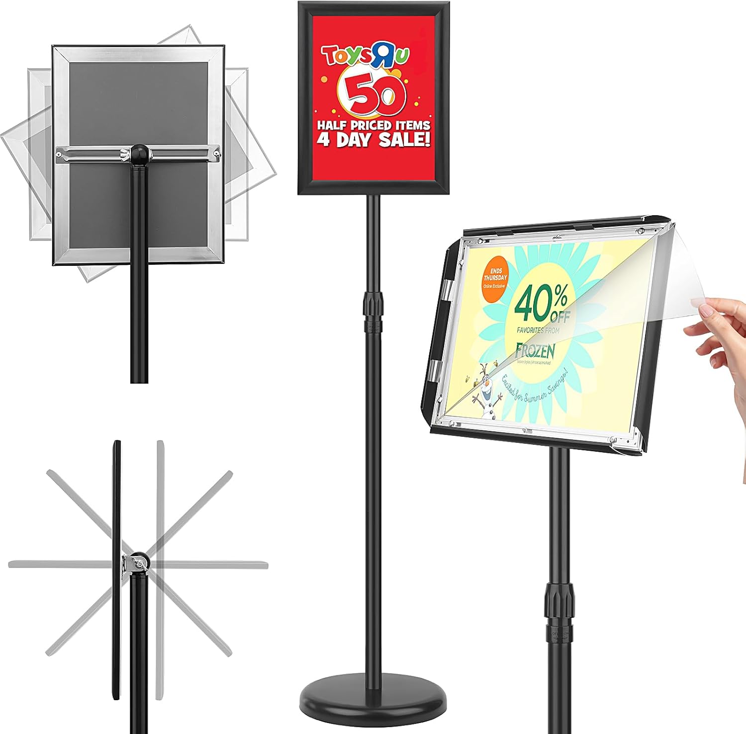 Adjustable Sign Holder Stand 8.5x11 inch,Pedestal Floor Signage Standing Holder with Heavy Duty Base, Aluminum Snap Open Frame Display for Business Restaurant, Mall,Schools-2 Pack