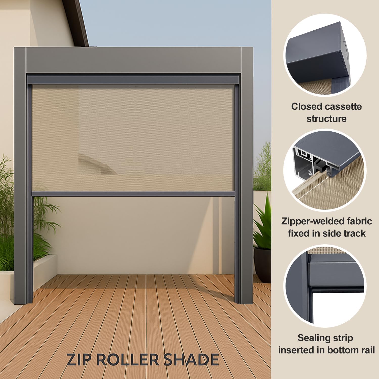 ZSHINE Hard-Wired Outdoor Snow Blocking Weatherproof Motorized Patio Roller Shades Remote Control for Porch Balcony Customized Size (Beige Yellow 10% Openness)