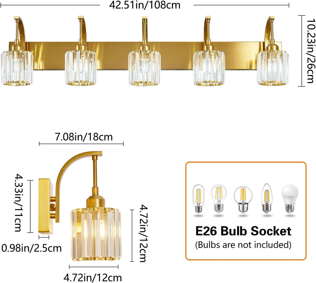 5-Light Crystal Vanity Light, Modern Gold Bathroom Wall Sconce with K9 Crystal Shades, 42.51" Long Over Mirror Lighting for Vanity, Makeup, Hallway, Elegant & Easy Installation