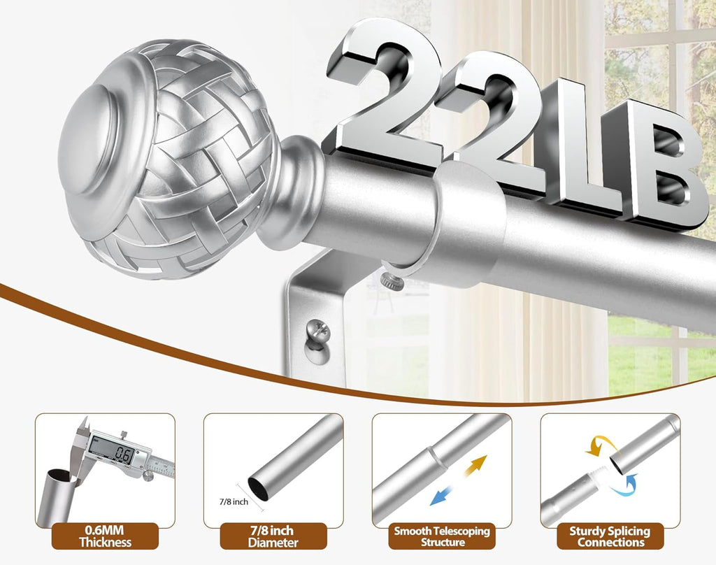 TONIAL Silver Curtain Rod 32 to 144 Inches, 7/8 Adjustable Curtain Rods for Windows 20 to 140 Inches, Splicing Drapery Rods Decorative with Netted Texture Finials