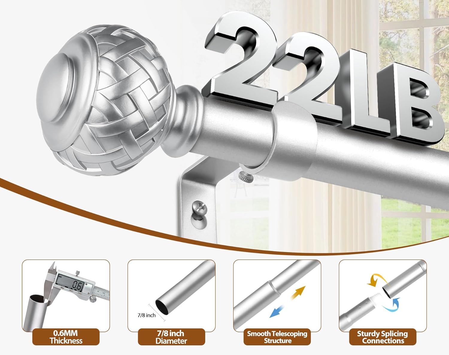 TONIAL Silver Curtain Rod 32 to 144 Inches, 7/8 Adjustable Curtain Rods for Windows 20 to 140 Inches, Splicing Drapery Rods Decorative with Netted Texture Finials