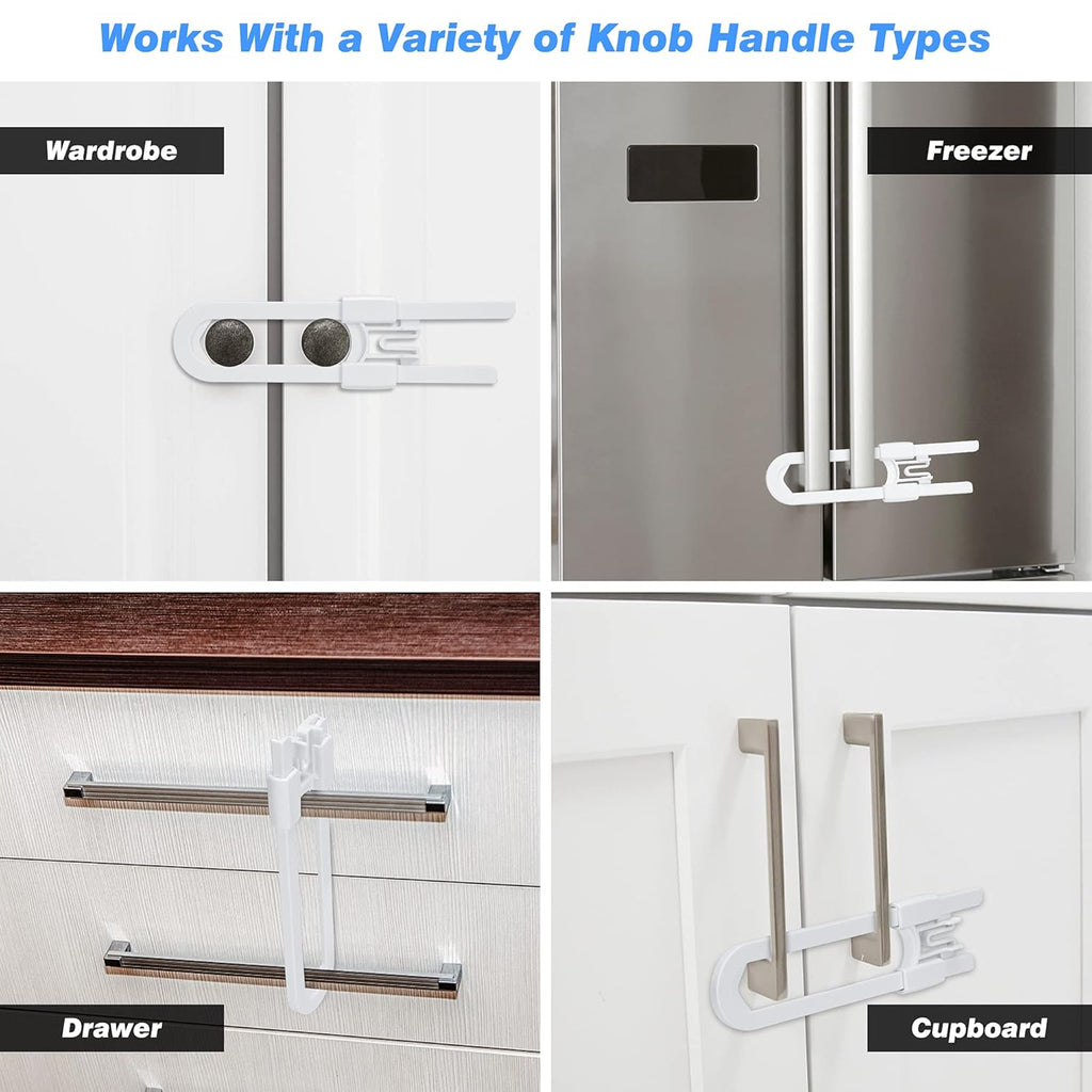 Vmaisi 20 Pack U Shaped Sliding Cabinet Locks Baby Proofing - Adjustable Child Safety Locks,Childproof Latches for Kitchen Bathroom Storage Cupboards Doors, Handles and Knobs White