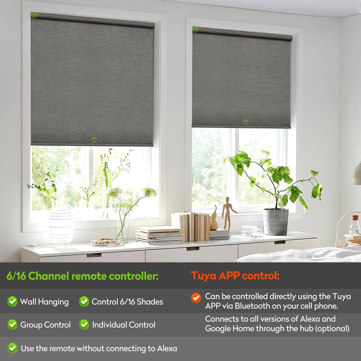 ZSTARR Motorized Blackout Roller Blinds with Remote Control,Rechargeable Smart Window Shades Compatible with Alexa Google via Hub,Fabric Wrapped Valance, Custom Size (Dark Gray)