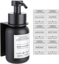 Black Glass Soap Dispenser Wall Mount for Bathroom with Pump and Drill-Free Holders - 8.5 Oz Hand Soap Dispenser, Shower Dispenser with Waterproof Labels
