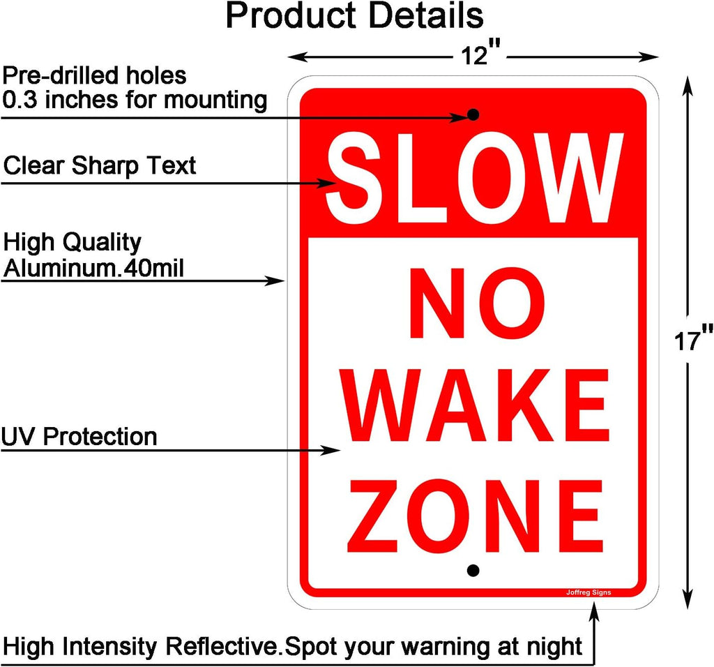 Joffreg Slow Down No Wake Zone Sign,17 x 12 Inches,Reflective Aluminum,UV Printed,Weather Resistant,Waterproof,Durable Ink,Easy to Mount,Outdoor Use,4 Pack