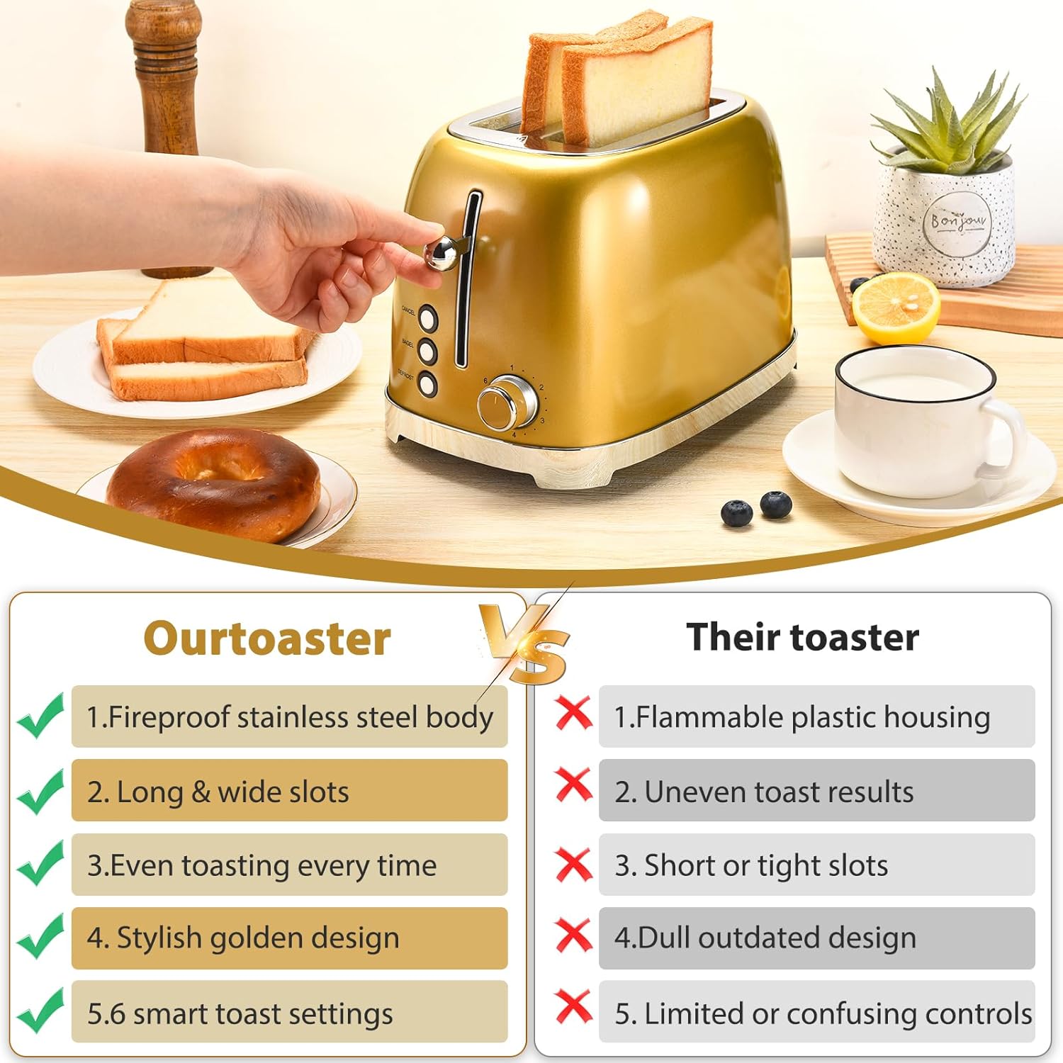 Gold Toaster 2 Slice, Wide Slot Stainless Steel, Mouqat – Best Gift, 6 Shade Settings, Bagel/Cancel/Defrost Functions, Removable Crumb Tray, Different Toast Sizes, Kitchen Essential, Cord Wrap – 825W