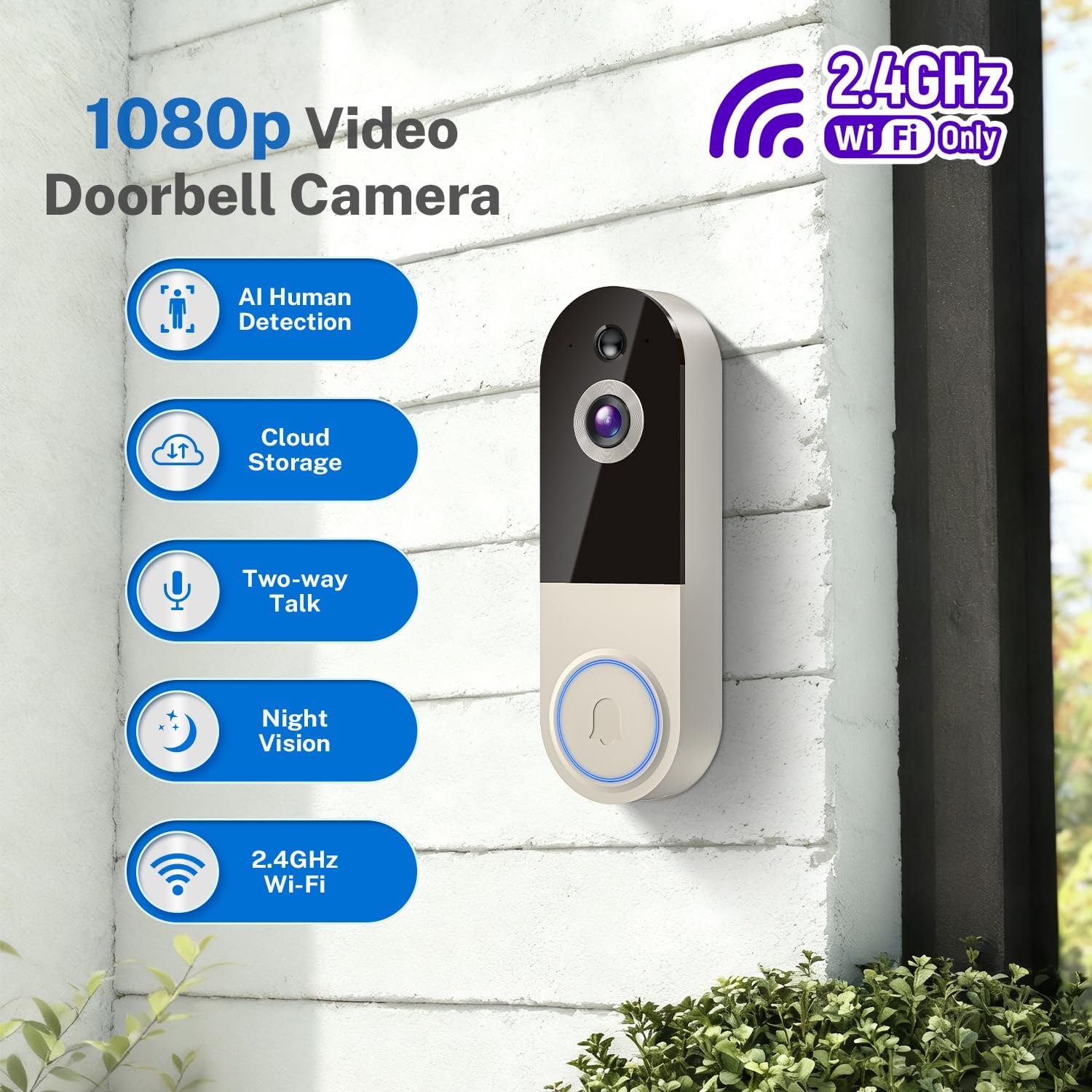 Wireless Doorbell Camera with Rechargeable Battery, 1080P Resolution, 2-Way Audio, Night Vision, AI Human Detection, Cloud Storage, 2.4G WiFi