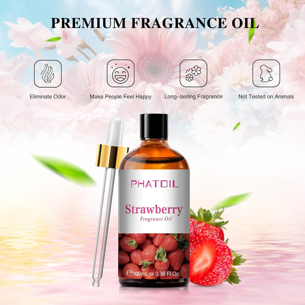 PHATOIL 3.38FL.OZ Strawberry Fragrance Oils for Aromatherapy, Essential Oils for Diffusers for Home, Perfect for Diffuser, Yoga, Skin Care, DIY Candle and Soap Making - 100ml