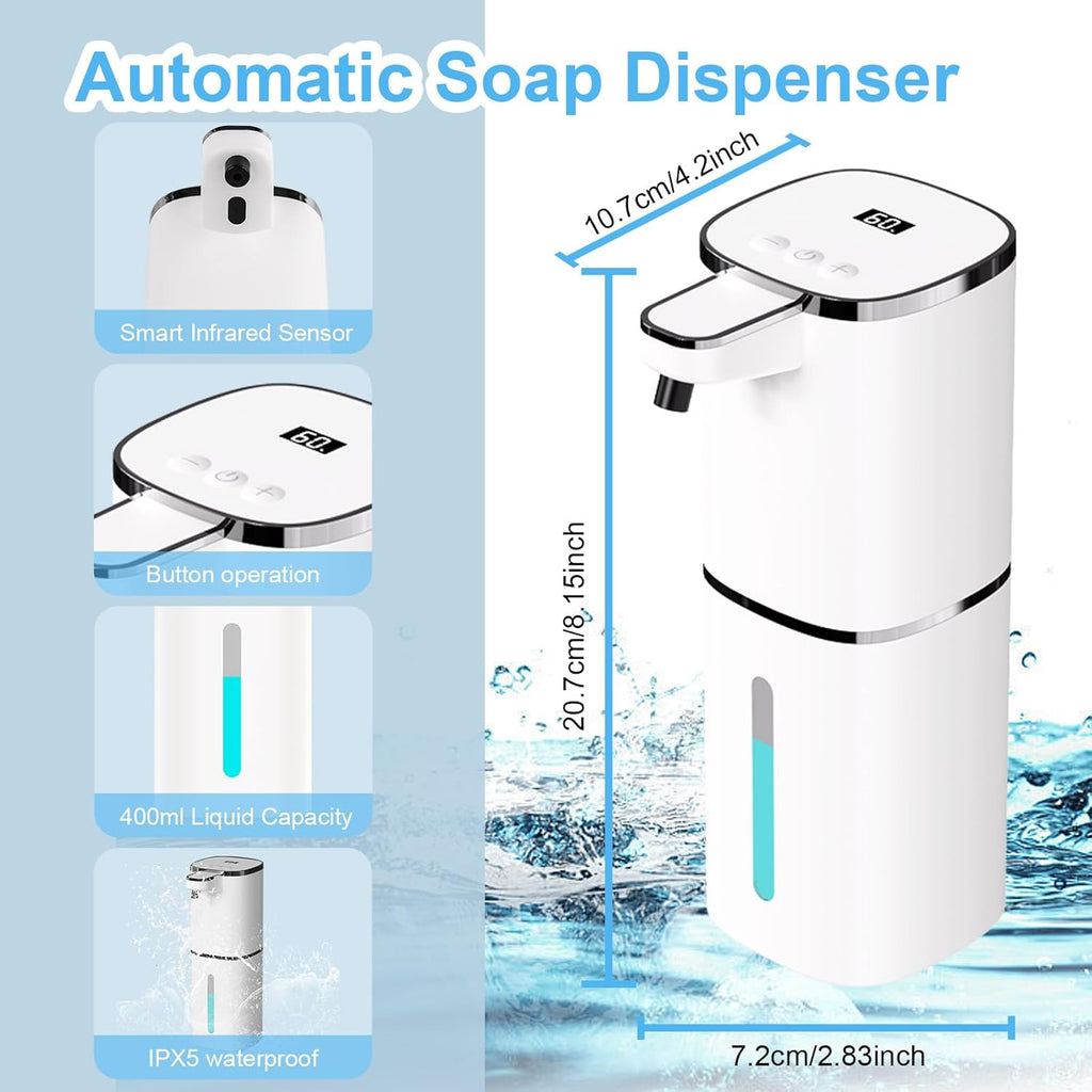 Automatic Foaming Soap Dispenser Touchless, USB Rechargeable Smart Hand Soap Dispenser, 9-Level Adjustable, Physical Button Operation, 13.5oz/400mL Wall Mounted for Bathroom Kitchen Dish Soap