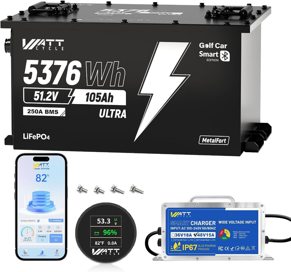 WattCycle 48V 105Ah Golf Cart Batteries, 48V Lithium Battery 250A BMS with 15A Charger, LiFePO4 Battery 15000+ Deep Cycles, IP65 Waterproof Marine Batteries, Built-in Bluetooth, Perfect for RV, Solar