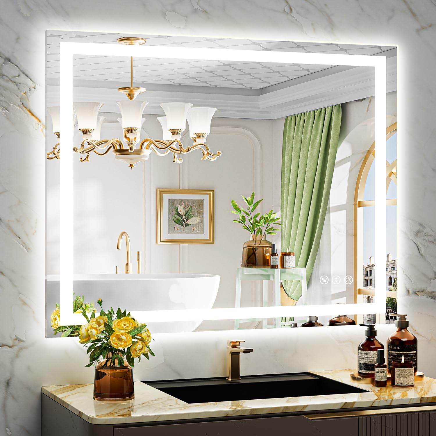 44x36 Inch LED Bathroom Mirror with Lights Front and Backlit Lighted Vanity Mirror for Bathroom Wall with 3 Colors Dimmable Anti-Fog Memory Shatter-Proof IP54 Waterproof Horizontal/Vertical