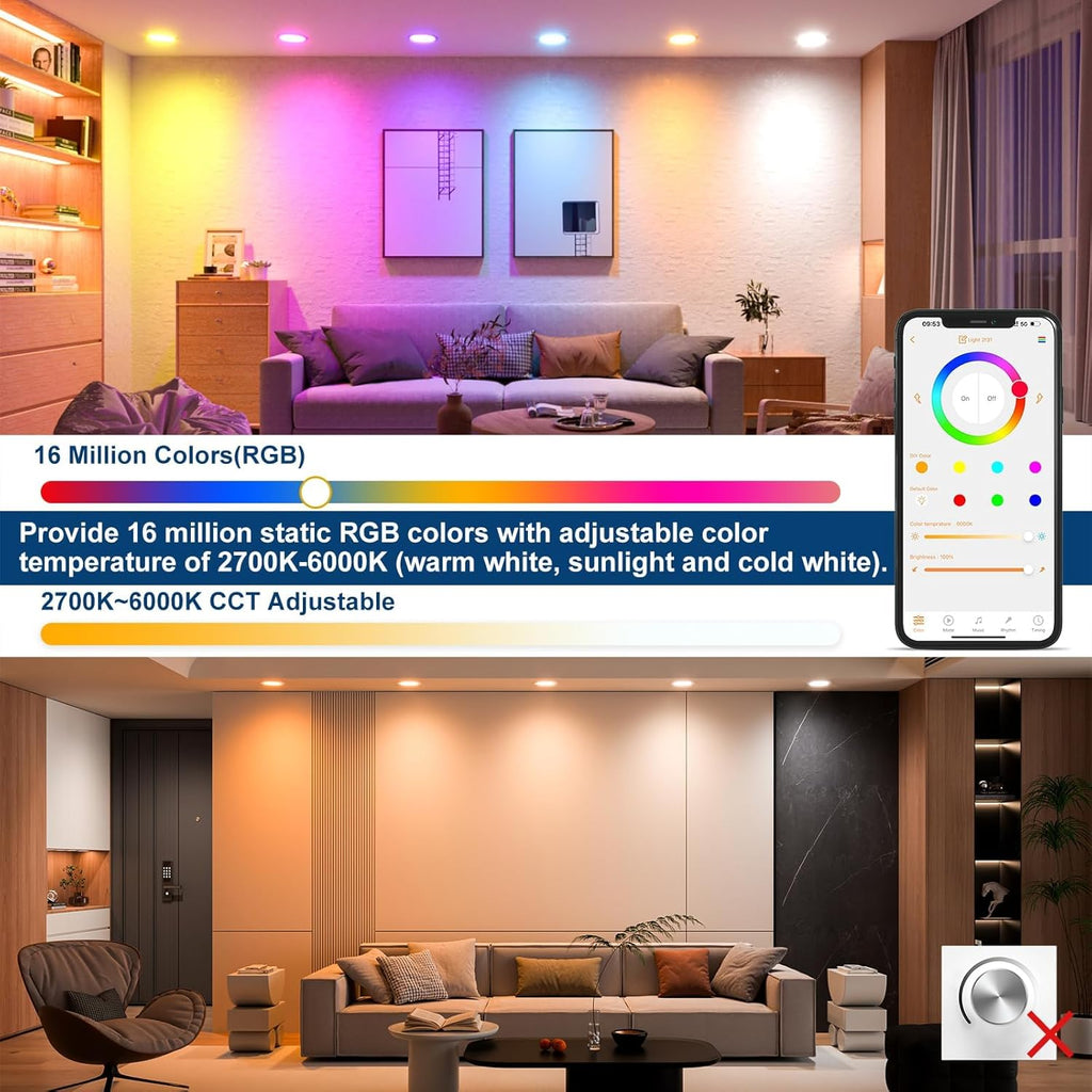 24Pack Smart Recessed Lighting 4 Inch RGBCW Color Changing 12W LED Downlight with Junction Box,1000 Lumen Recessed Ceiling Light Compatible with Alexa,Dimmable by Bluetooth Control