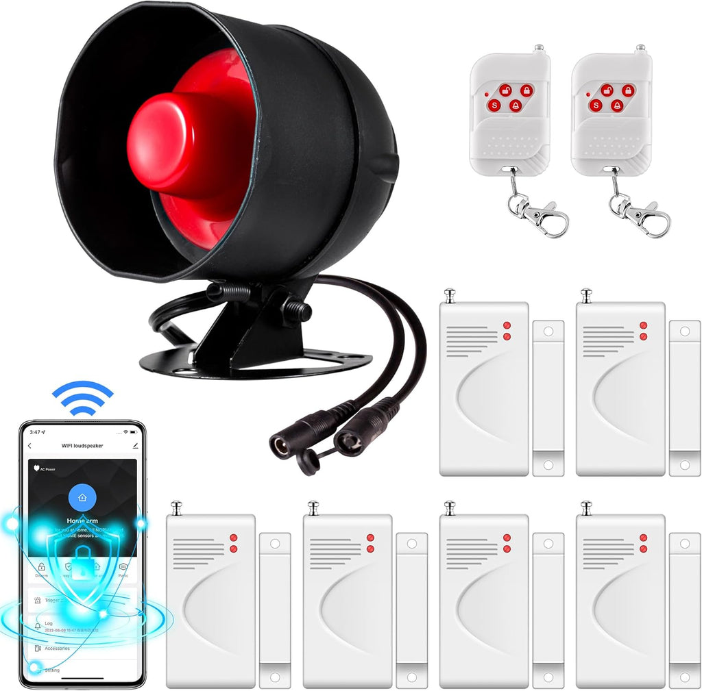 WiFi Home Alarm System, Wireless Alarm Security System with Loud 120dB Window Door Alarms Sensor, Remote Control WiFi Siren for Shed Garage