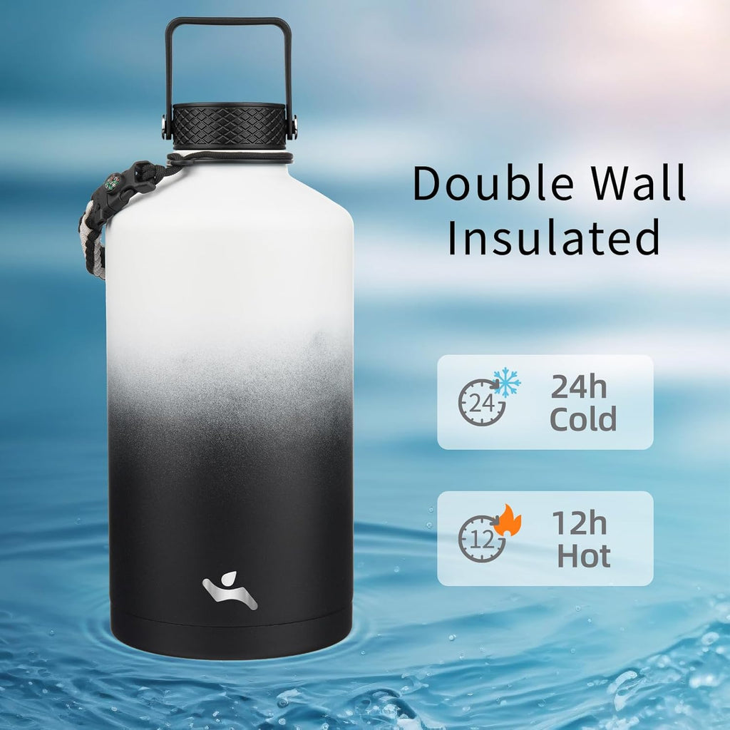 Gallon Insulated Water Bottle with Straw,128 oz 3 Lids Water Jug with Carrying Bag,Paracord Handle, Double Wall Vacuum Stainless Steel Metal Flask,Day Night