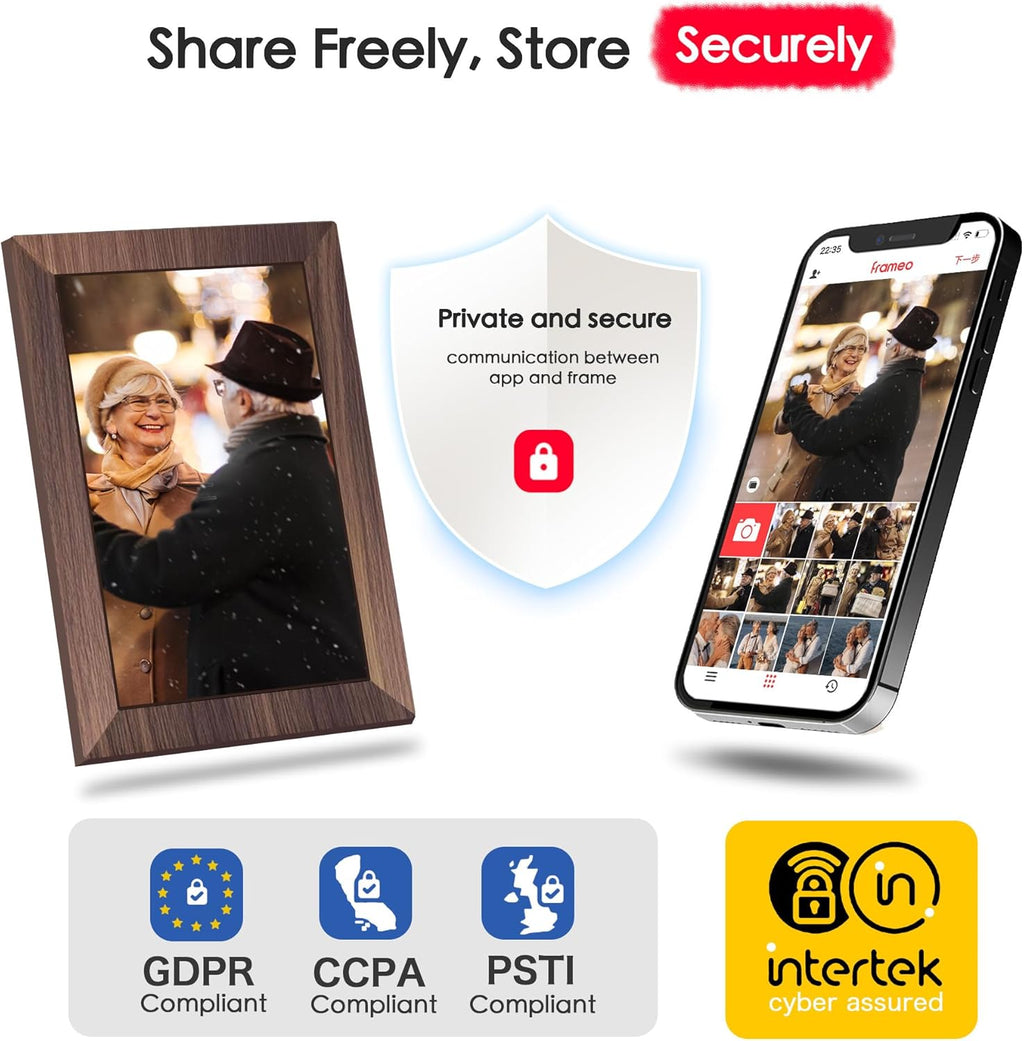 Digital Picture Frame, 10.1 inch Frameo Digital Frame WiFi, 1280 * 800 IPS HD Touchscreen, 32GB Storage, Instant Share Pictures Video, Smart Photo Frame Electronic, Gifts for Mom, Grandma, Woodgrain