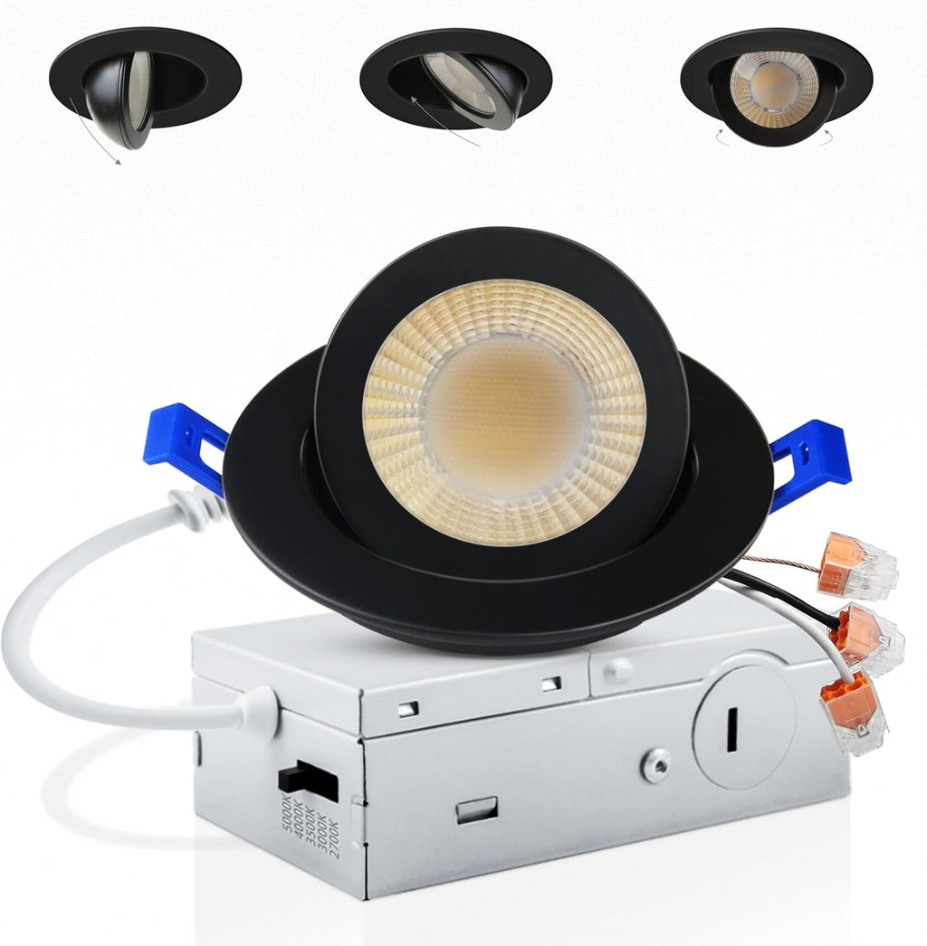 Adetu 3 Inch Gimbal Black Led Recessed Lighting, 360°+90° Adjustable Directional Led Recessed Lights, 2700K/3000K/3500K/4000K/5000K Dimmable Retrofit Eyeball Can Lights with Jbox,ETL (Black, 1 Pack)