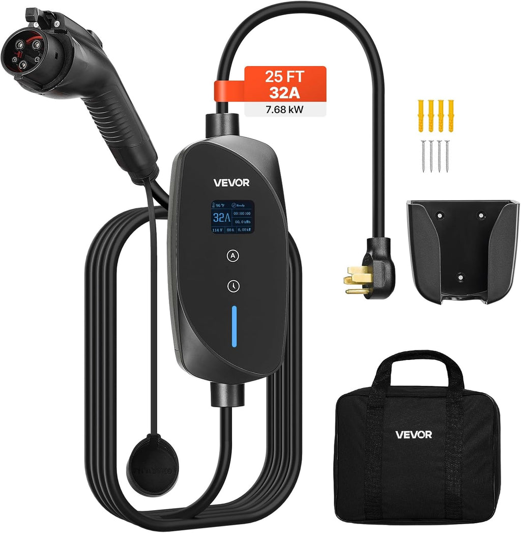 VEVOR Level 2 EV Charger, 32 Amp Adjustable Current, 240V Electric Vehicle Portable Charger with 25 ft Charging Cable, NEMA 14-50P Plug, LCD Display, Plug-in Home Car Charging Station for SAE J1772 EV