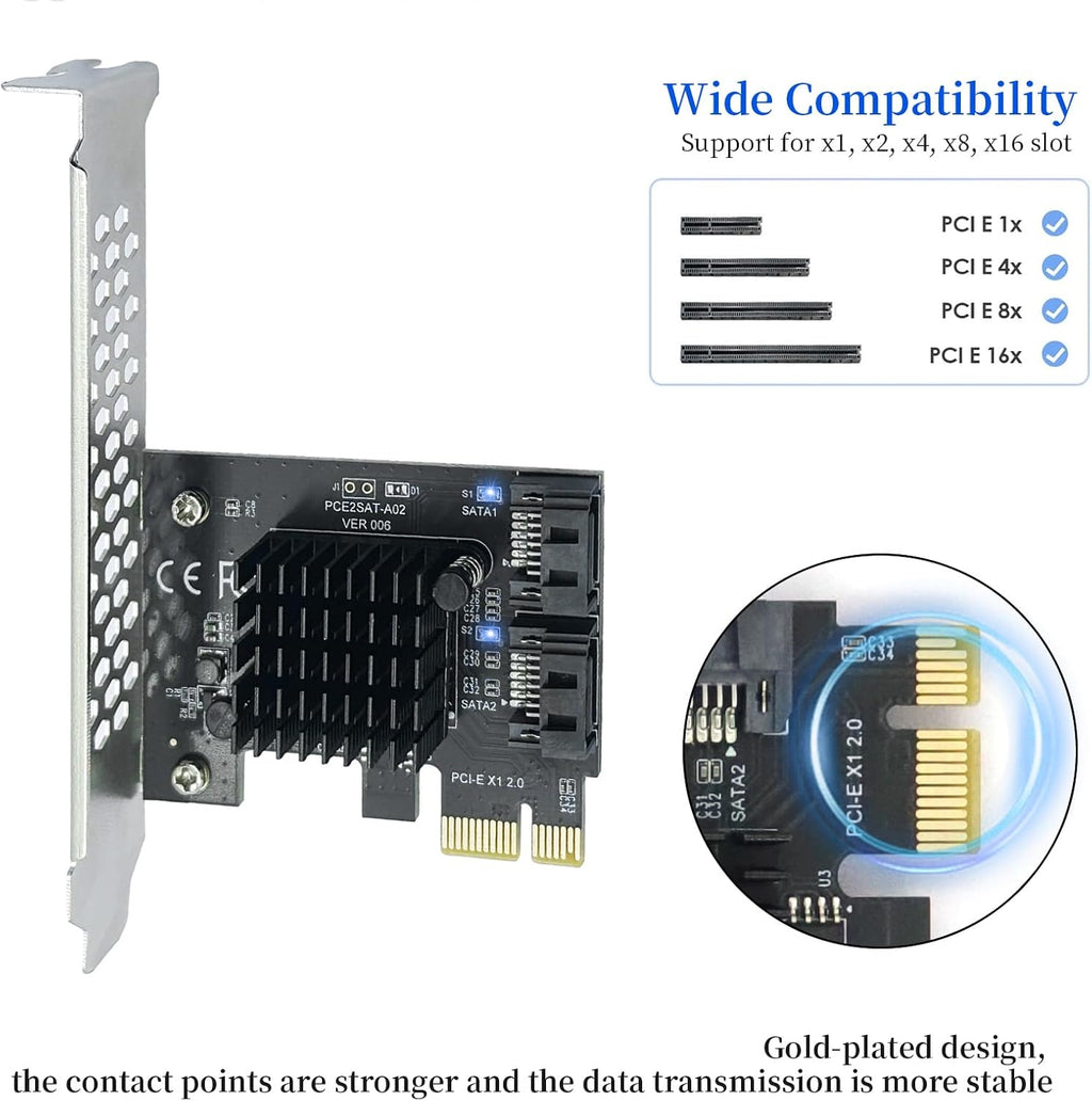 PCIe to SATA3.0 Expansion Card - ASM1061 2-Port 1X Controller | 6Gbps High-Speed Transmission | Hot-Swappable | Compatible with SSD/Mobile Hard Drives | for Windows, Mac, Linux
