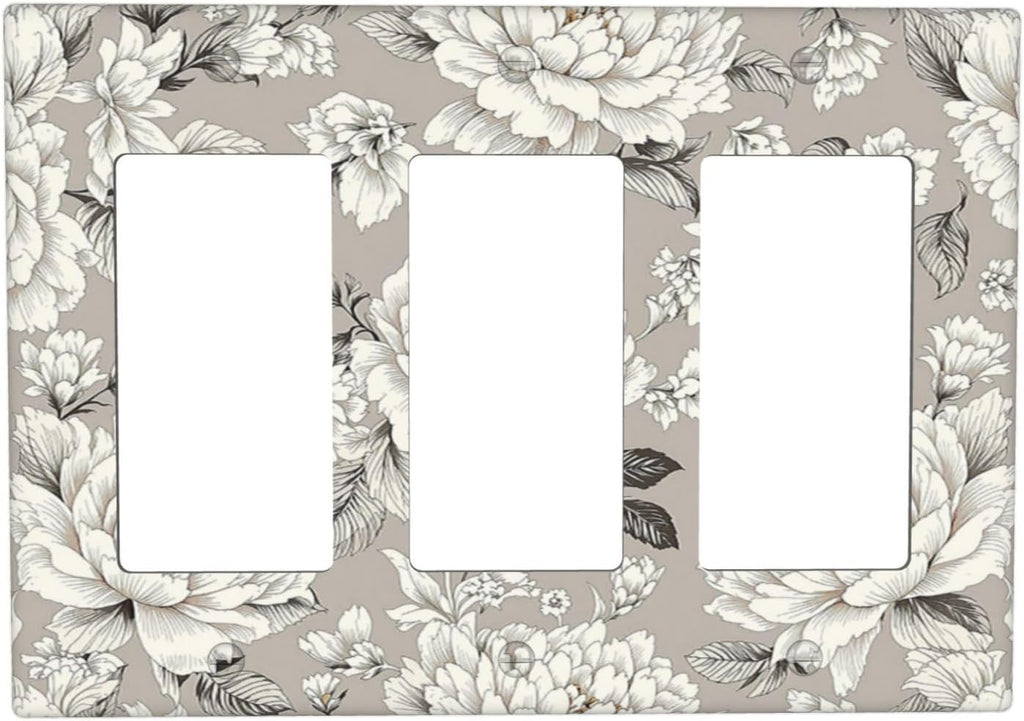 White Poppies Floral Modern Grey Peonies Flowers Light Switch Covers 3 Gang Rocker Decorative Triple Outlet Wall Plate Cover Electrical GFCI Switchplate for Bedroom Bathroom Decor