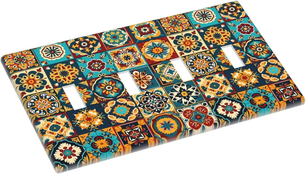 Mexican Talavera Ceramic Tile Moroccan Boho Light Switch Covers Quad Toggle Electrical Faceplate 4 Gang Wall Plate Decorative Switch Plates for Bathroom Kitchen Decor