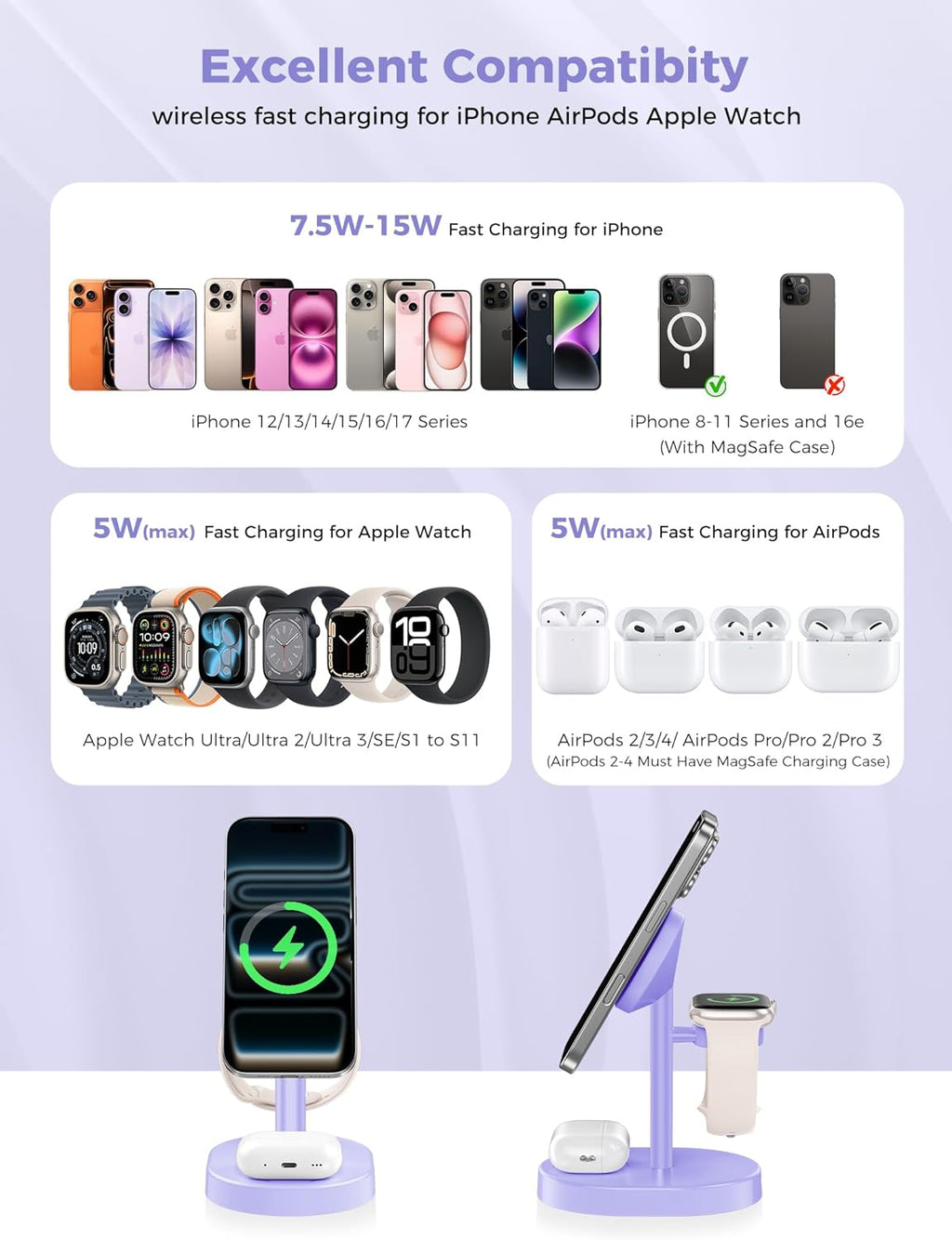 2025 3 in 1 Wireless Charging Station for Apple MagSafe Charger, 15W Fast Magnetic Mag-Safe Charger Stand for iPhone 17 16 15 14 13 12 Apple Watch AirPods Compatible with MagSafe, Purple