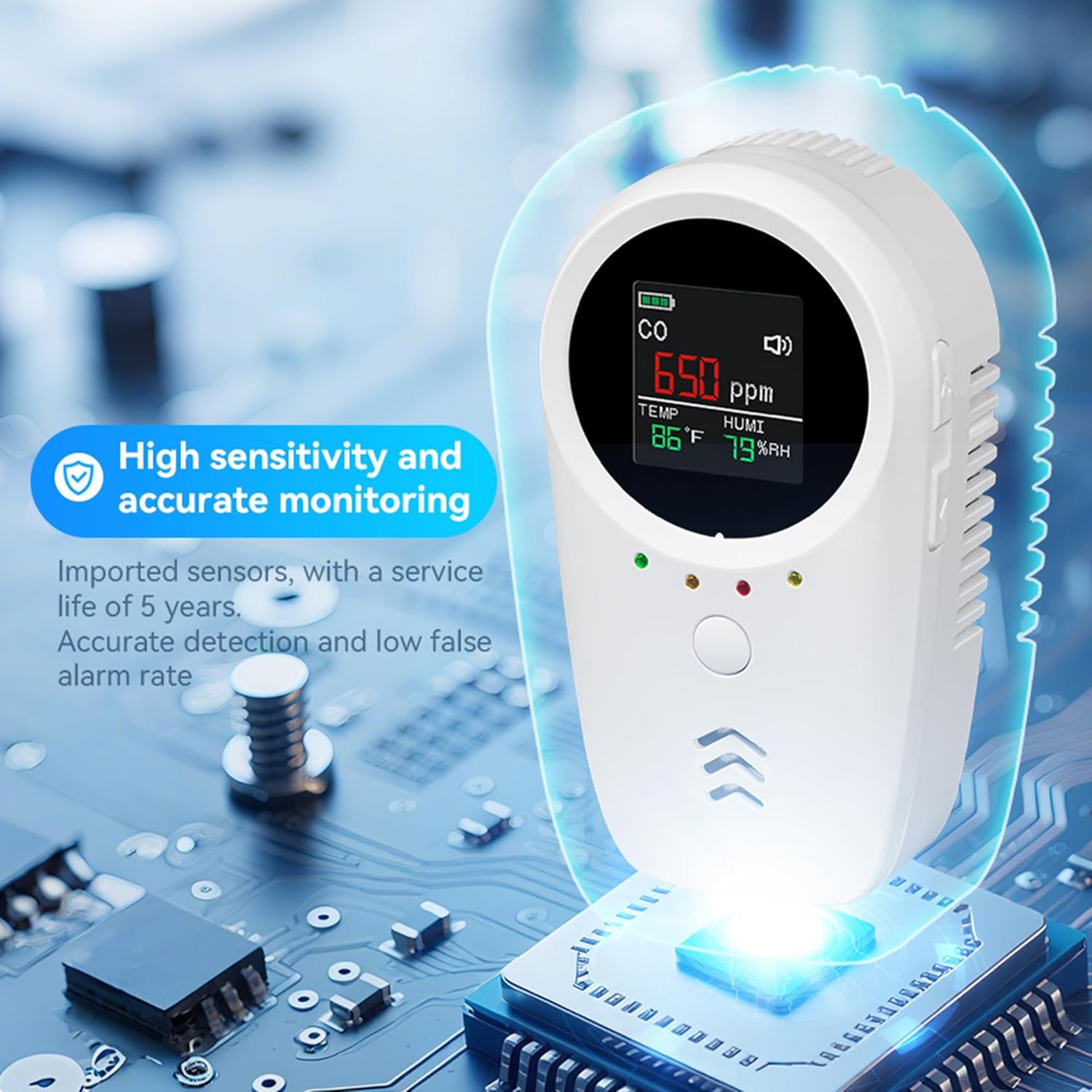 5PCS 5-in-1 Rechargeable Carbon Monoxide & Natural Gas Detectors with Temperature/Humidity LCD Display & 2000mAh Lithium-ion Battery, Portable Plug in Co Detector for Home Travel RV Essentials