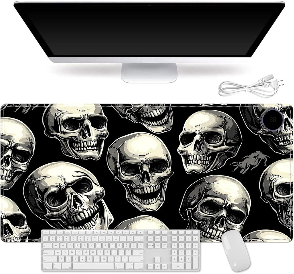 Heated Mouse Pad for Desk 31.5" x 13" – PU Leather Warm Desk Pad with 3 Heat Levels (104°F/113°F/122°F), Plug-in Electric Heating Mat with Auto Shut-Off, Waterproof & Rollable, Skull Pattern